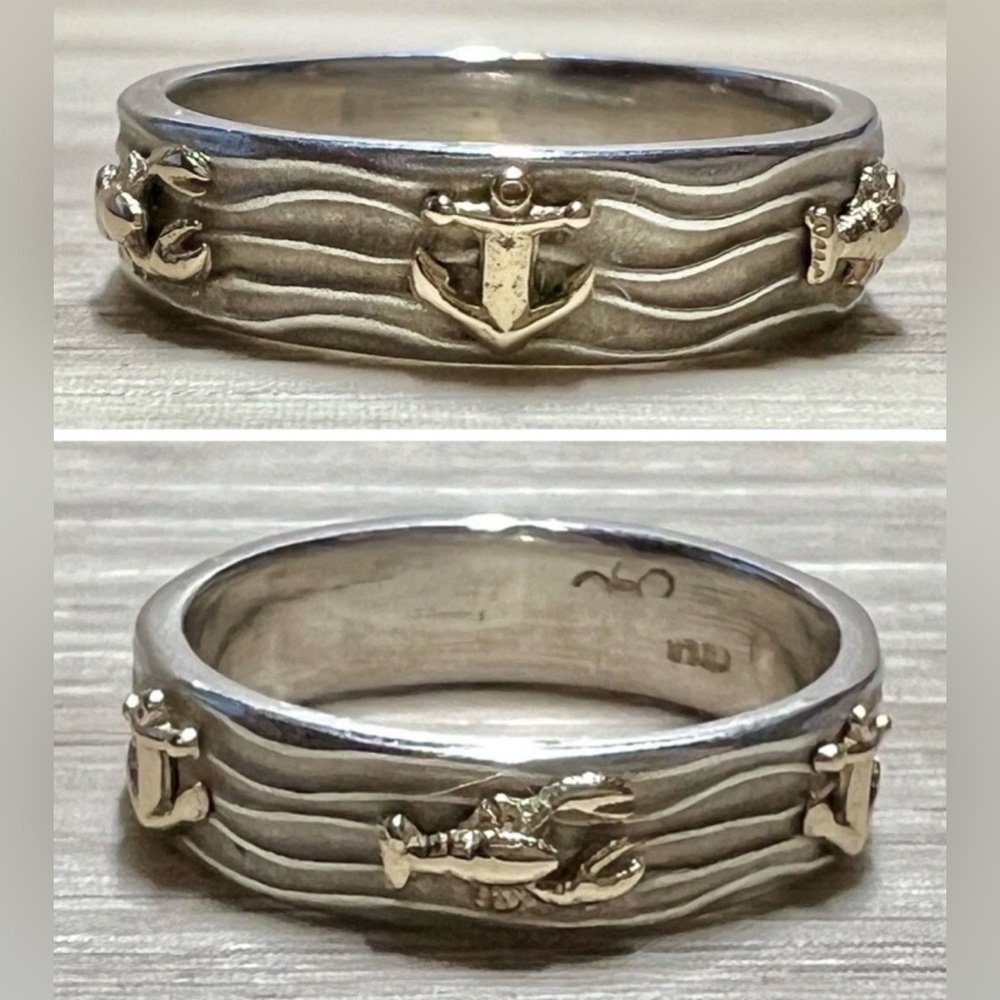 Handmade Sterling Silver & 14K Gold Nautical Anchor & Lobster Band Ring, Size 7